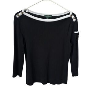 Lauren Jeans Co Ralph Lauren Boatneck Top Women’s Medium 3/4 Sleeves Black White